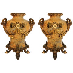 Fine Pair of French Monumental Bronze Bow Ormolu-Mounted Marble Urn Casalettses