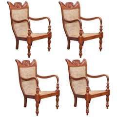 Retro Set of Four Teak Wood and Cane Lounge Chairs from Colombo Area of Sri Lanka