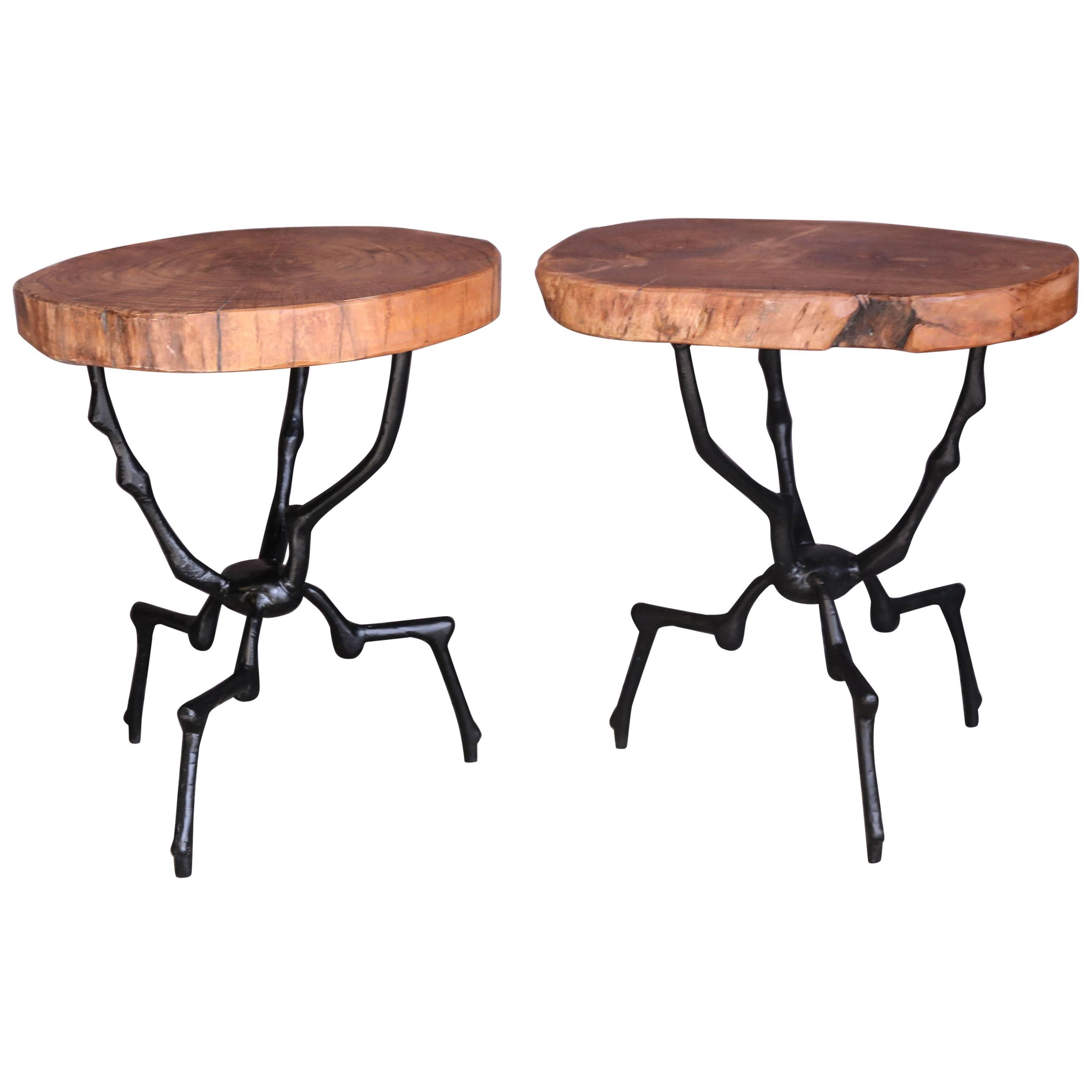 Pair of Side Tables with Three Inch Thick Hardwood Top and Castiron Stand For Sale