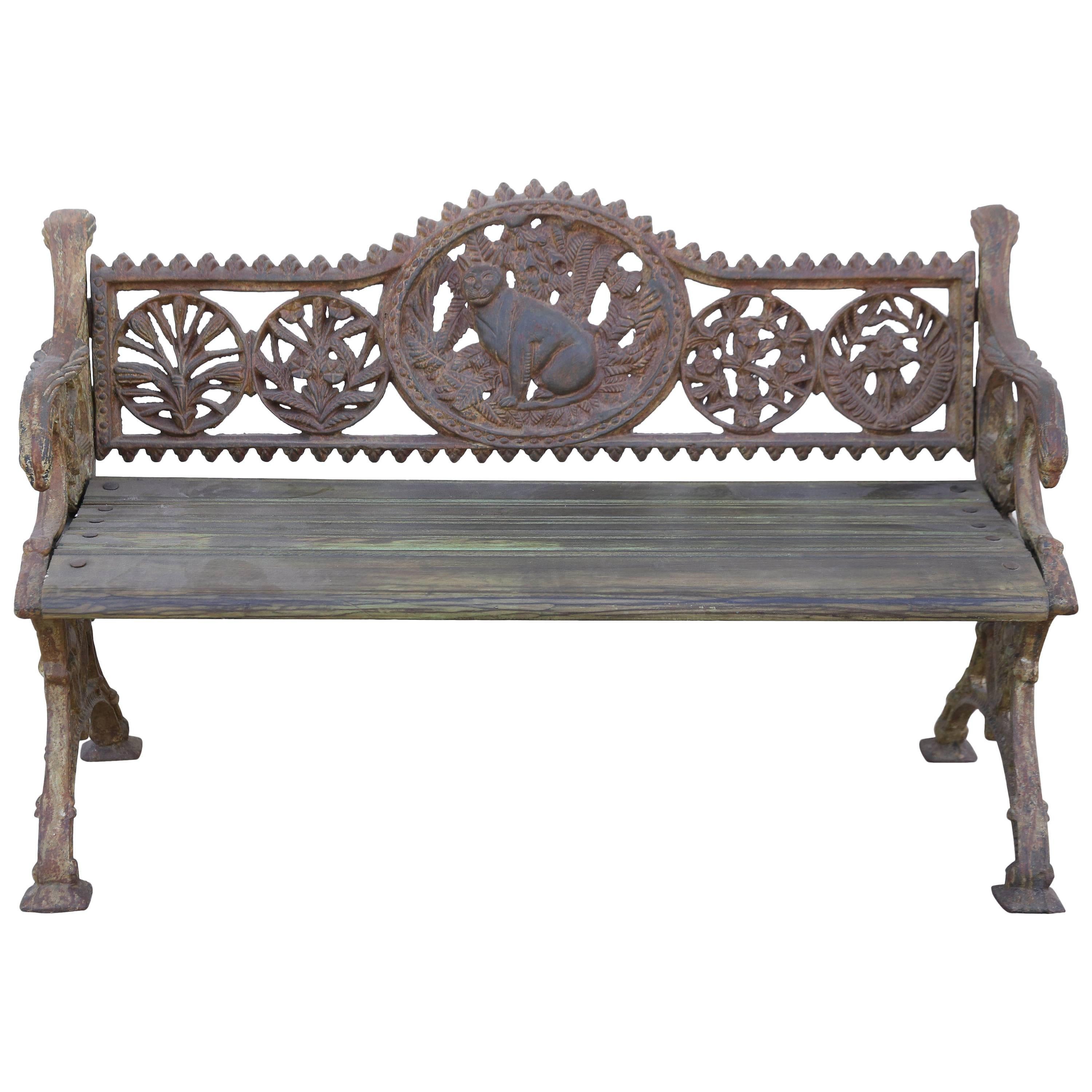 Mid-Century Cast Iron and Teakwood Ornamental Bench from Rail Road Stations 