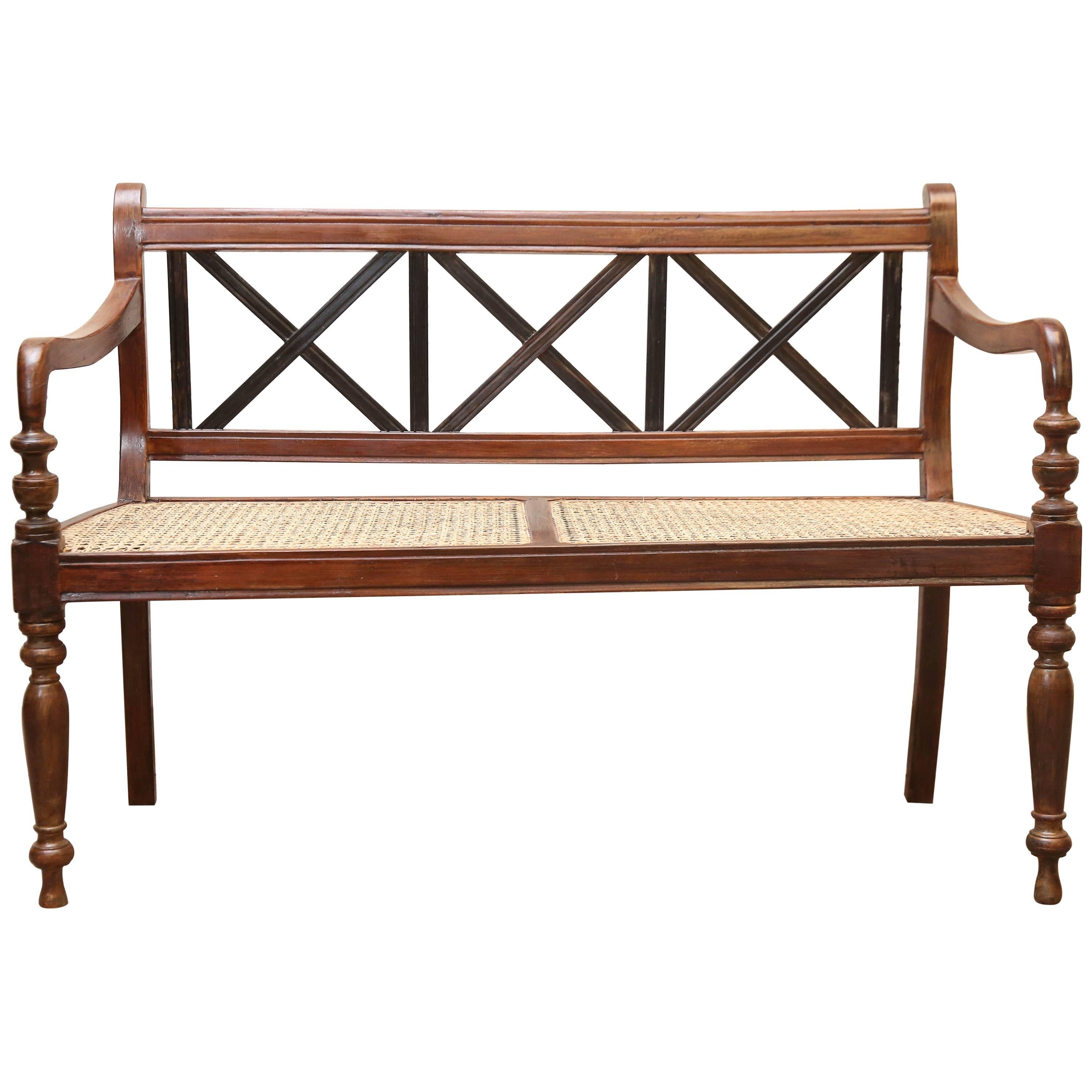 1920's Finely Crafted Dutch Colonial Teak Wood and Cane Bench from Sri Lanka