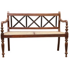 Antique 1920's Finely Crafted Dutch Colonial Teak Wood and Cane Bench from Sri Lanka