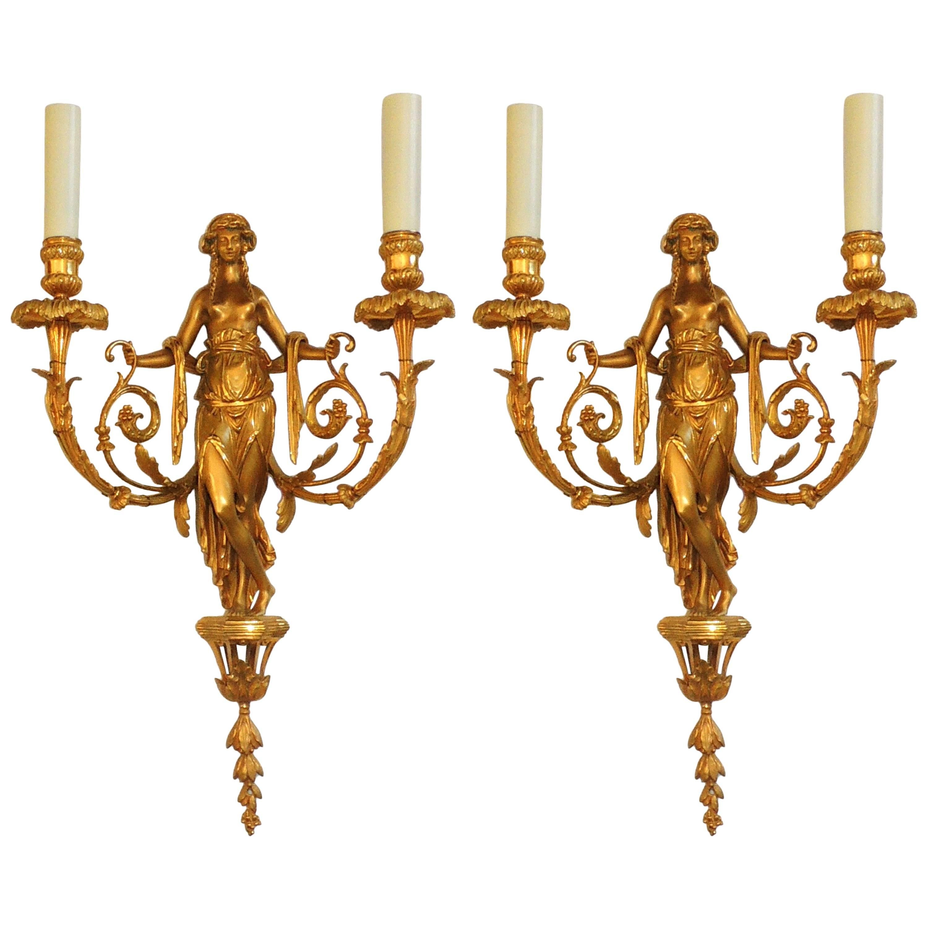 Wonderful Pair of French Doré Bronze Female Maiden Floral Garlands Swag Sconces