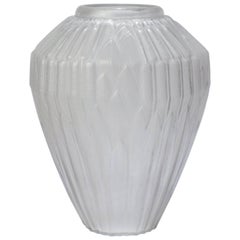 Very Large French Art Deco Frosted Glass Cattails Vase by Hunebelle, 1930s