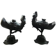 Pair of Qing Bronze Duck Incense Burner Statues on Wooden Stands