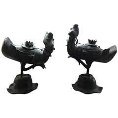 Pair of Qing Bronze Duck Incense Burner Statues on Wooden Stands