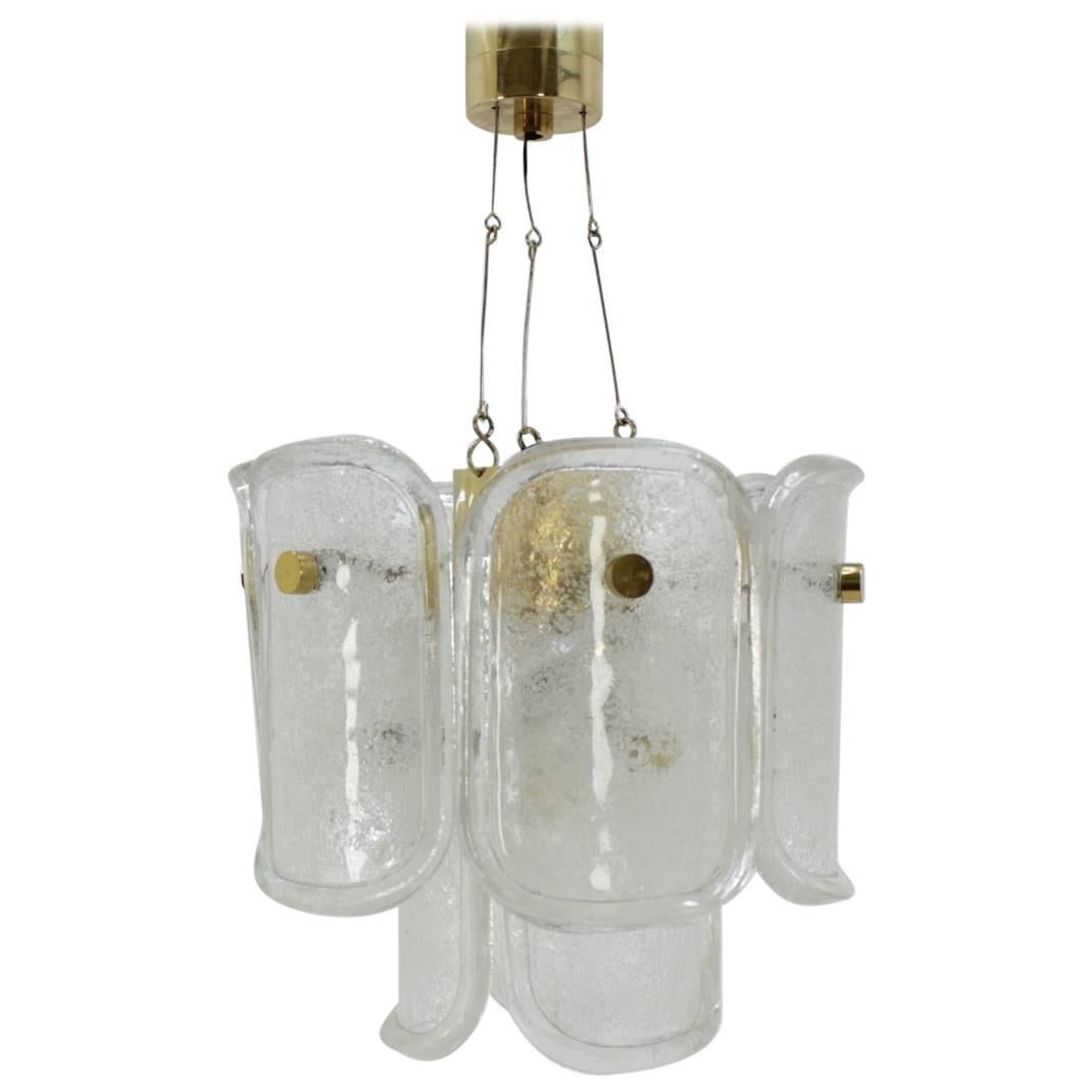 Midcentury Brass Ice Glass Pedant Chandelier, J.T. Kalmar, 1960s