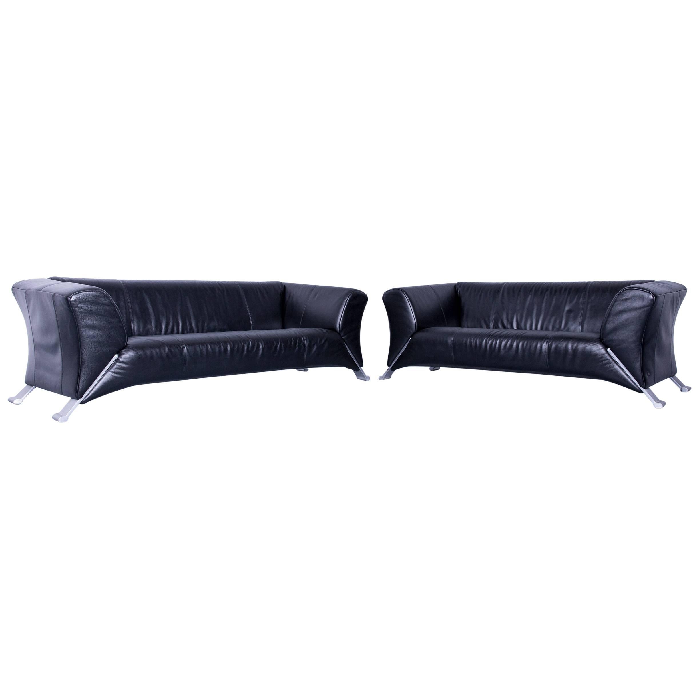 Set of Two Rolf Benz 322 Designer Sofa Black Three and Two-Seat Leather Couch For Sale