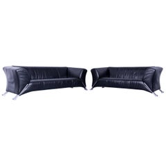 Set of Two Rolf Benz 322 Designer Sofa Black Three and Two-Seat Leather Couch