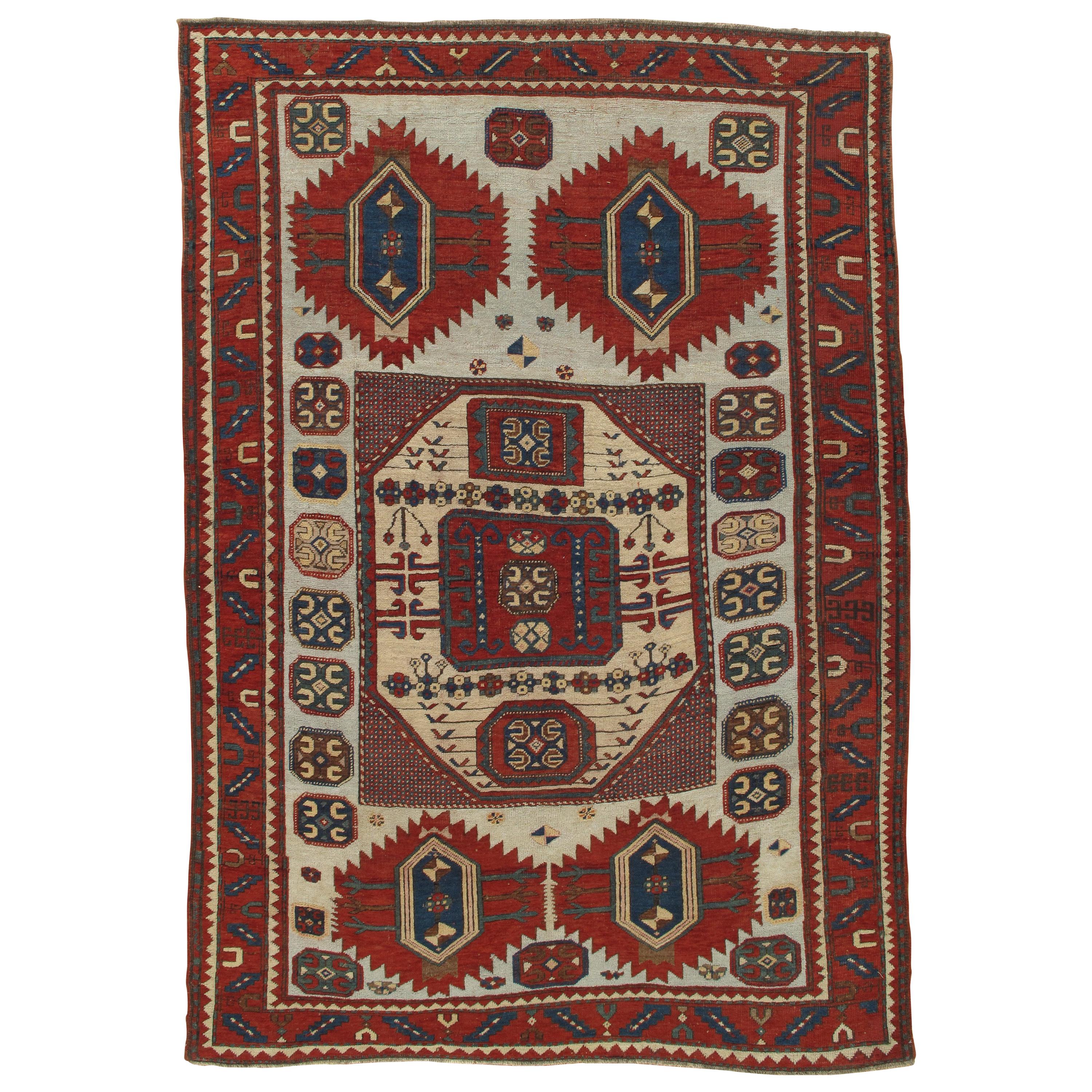 Tapis Kazak antique Karachov, laine faite à la main, bleu pâle, rouille, ivoire, géométrique