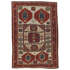 Antique Karachov Kazak Carpet, Handmade Wool, Pale Blue, Rust, Ivory, Geometric