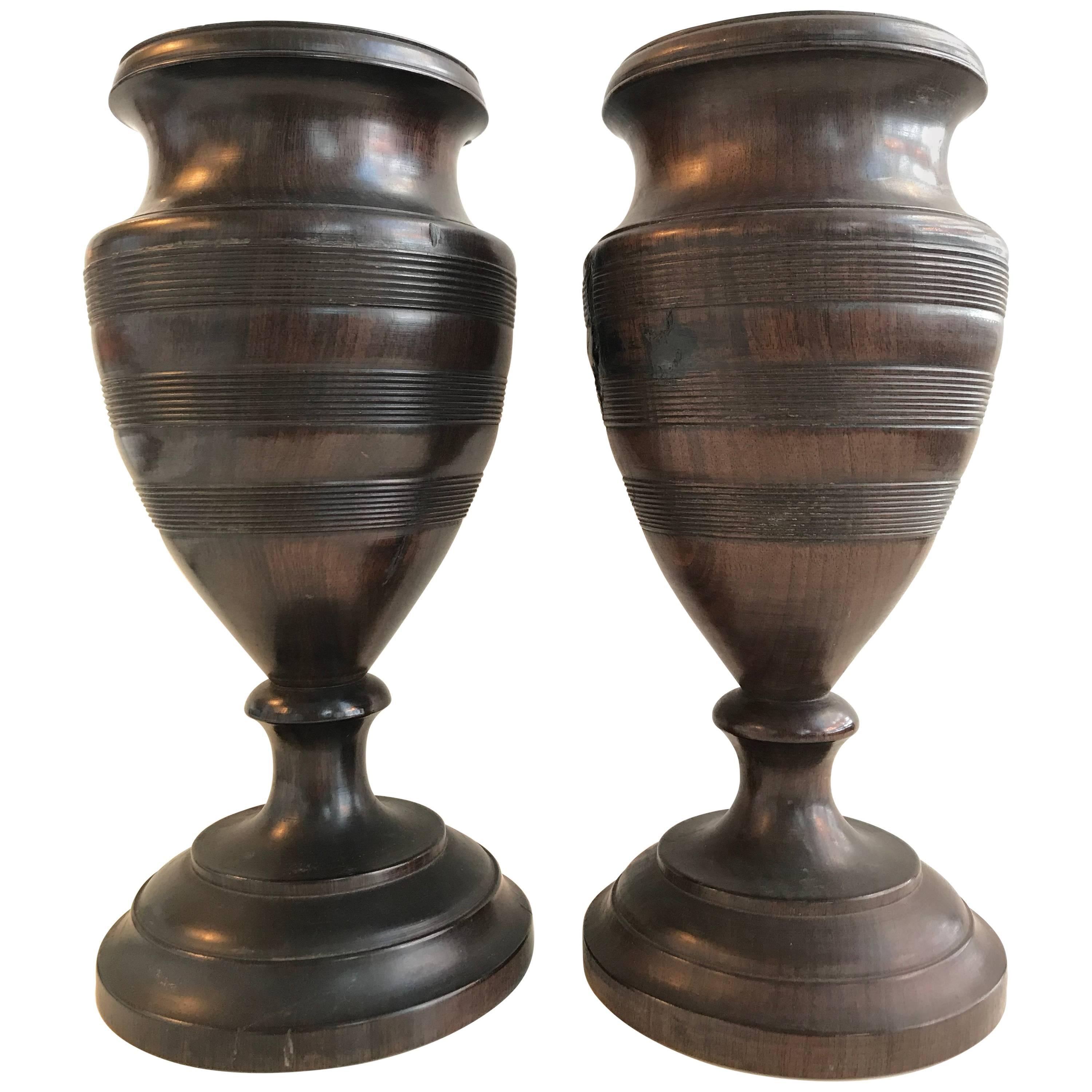 19th Century Pair of Turned Walnut Vases