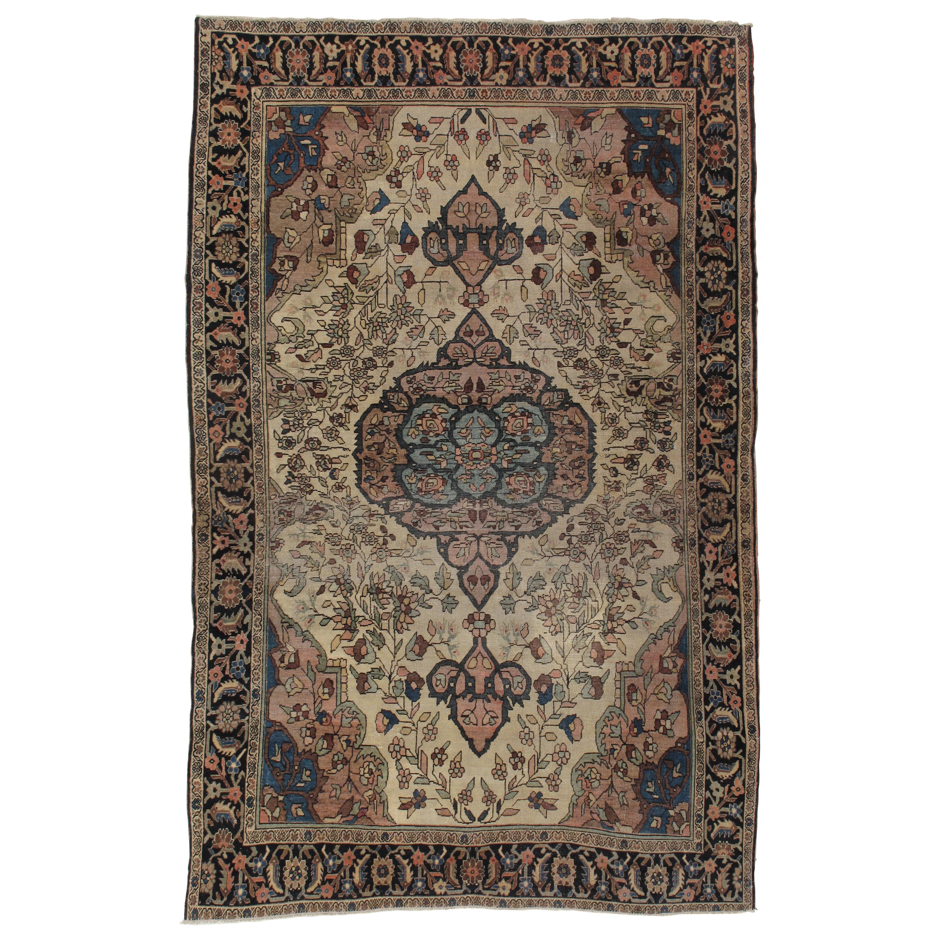 Antiker antiker Farahan Sarouk Teppich, handgefertigter Orientteppich, elfenbeinfarben, marineblau, sehr fein