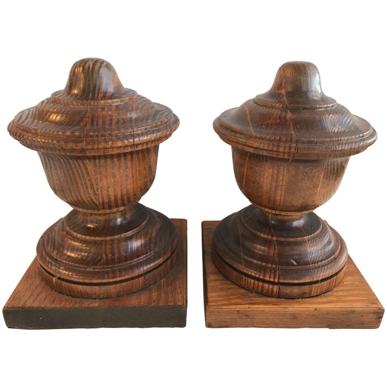 Pair of 20th Century Turned Oak Newel Post Finials at 1stDibs