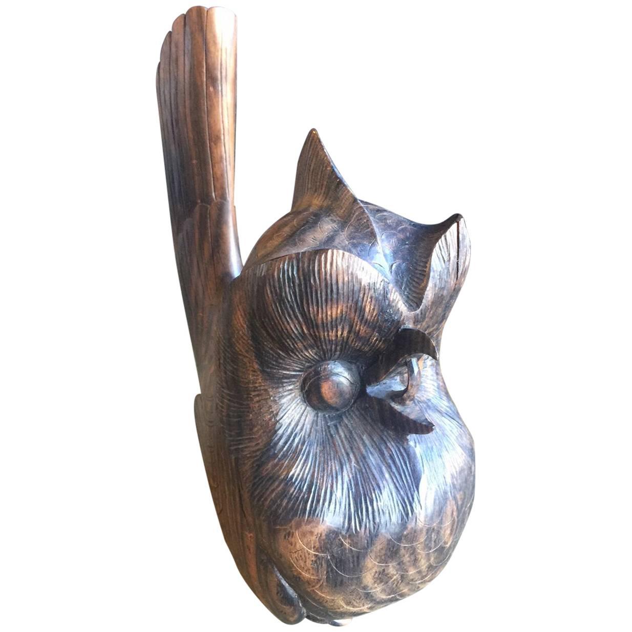 Mid-Century Hand Carved Zebra Wood  Owl Sculpture For Sale