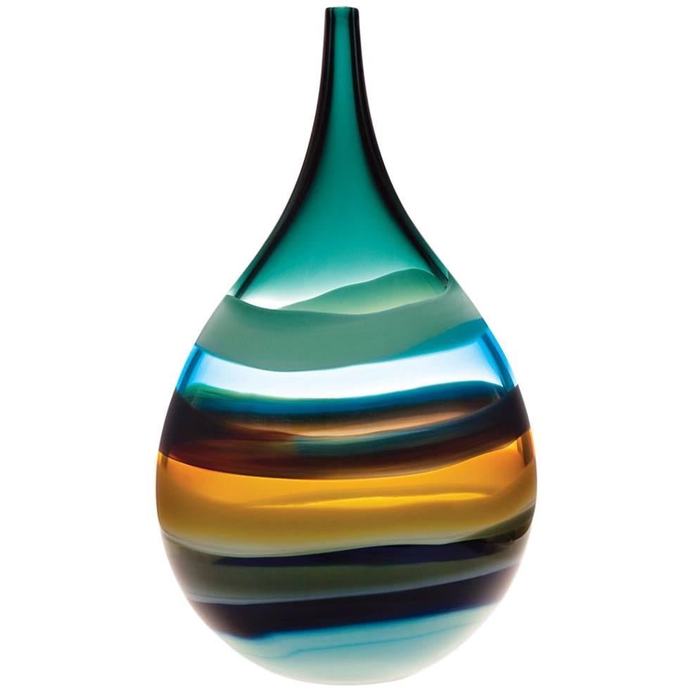 Tall Glass Vase Aqua Teardrop Vase, Blown Glass, Sculpture, In Stock