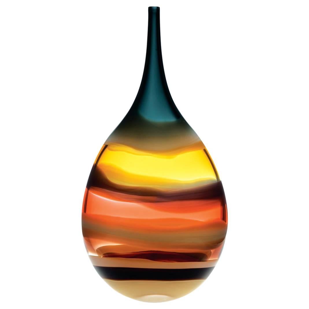 Large Amber Flat Teardrop Vase, Sculpted Glass, Banded Series by Caleb Siemon