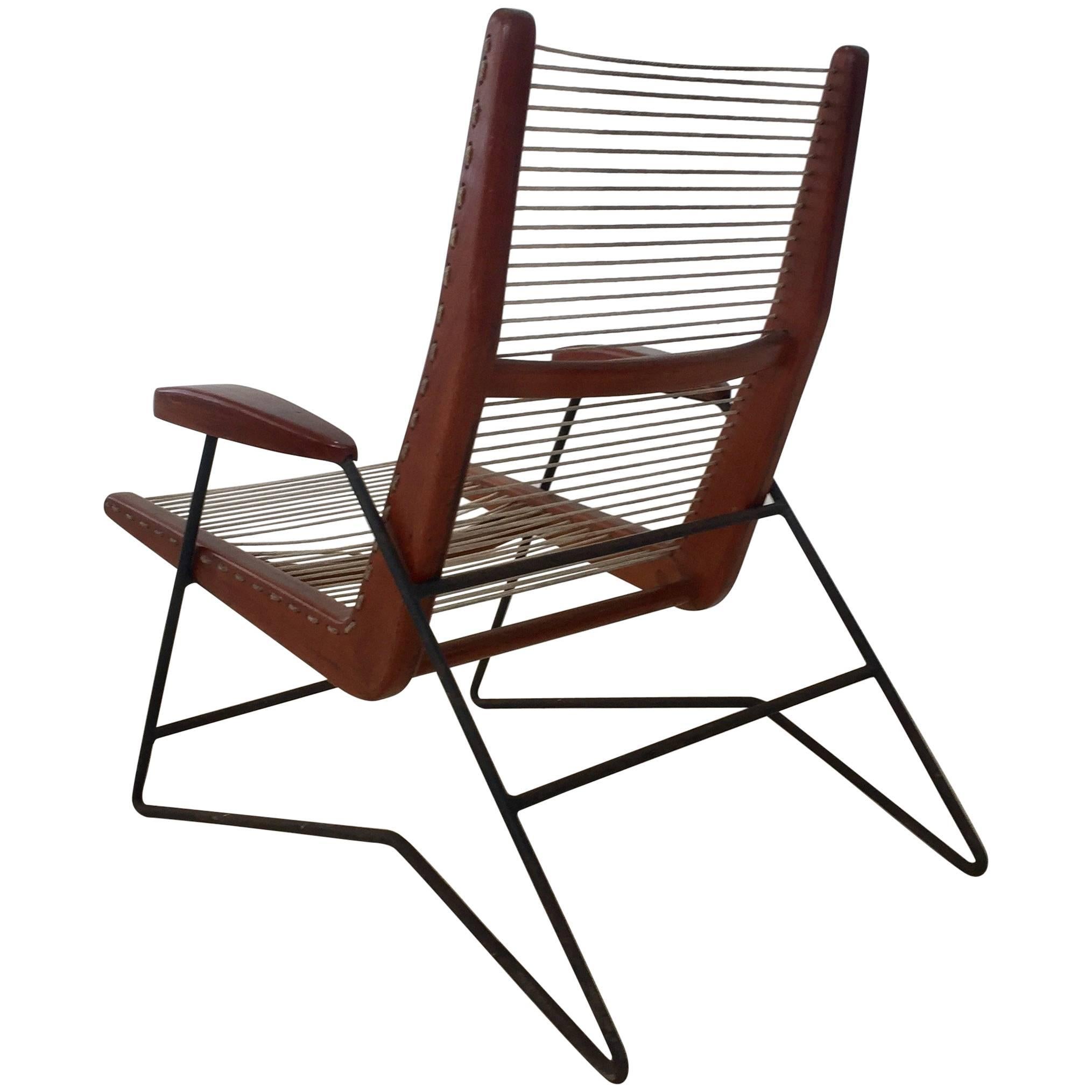 Mid-Century Modern Armchair with Iron Structure and Wood and String Seat