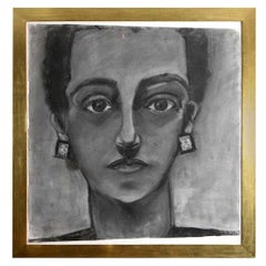 Painting, Portrait of a Lady, C 1960, Large Scale with Wide Gold Frame, Charcoal