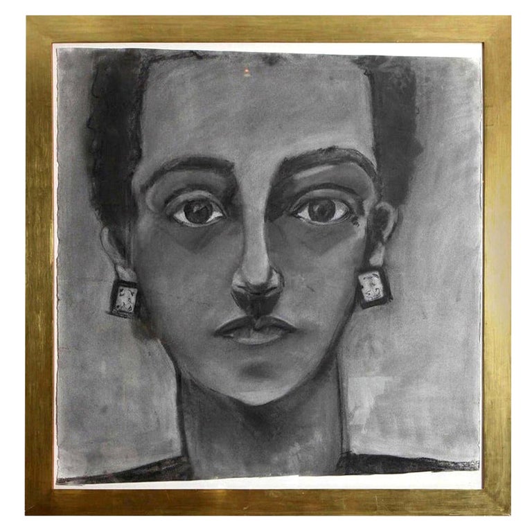 Painting, Portrait of a Lady, C 1960, Charcoal, Large Scale with Wide Gold Frame For Sale