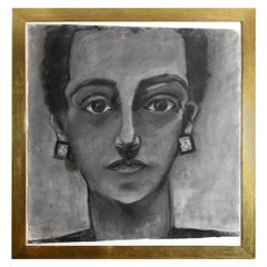 Painting, Portrait of a Lady, Charcoal, Large Scale with Wide Gold Frame, C 1960