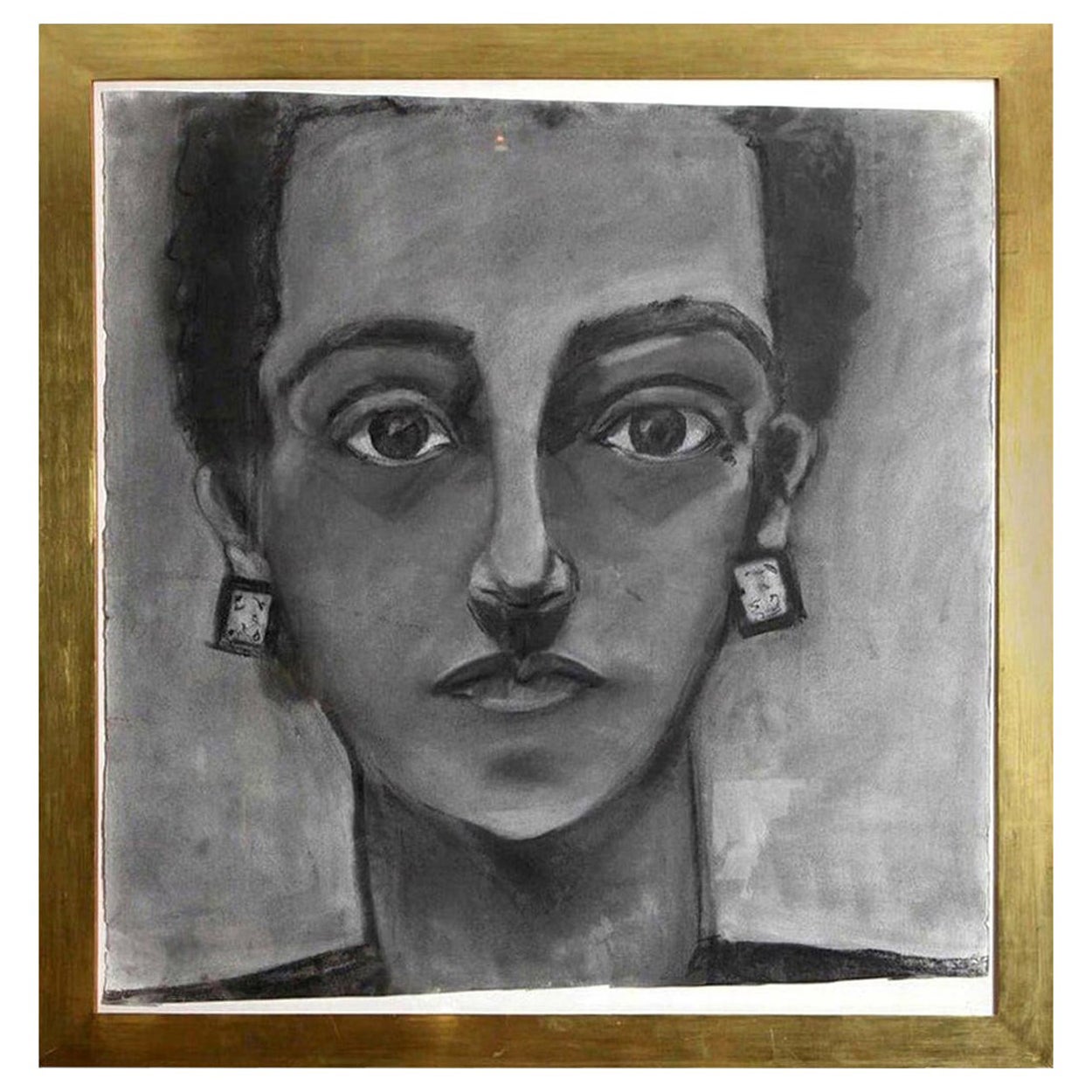 Painting, Portrait of a Lady, Charcoal, Large Scale with Wide Gold Frame, C 1960