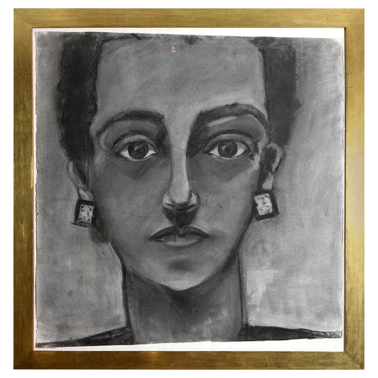 Quadro, Ritratto di signora, carboncino, C.C. 1960, Scala grande con ampia cornice dorata