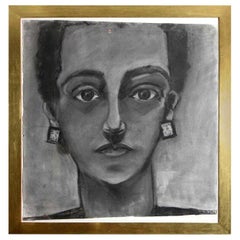 Vintage Painting, Portrait of a Lady, Charcoal, C 1960, Large Scale with Wide Gold Frame