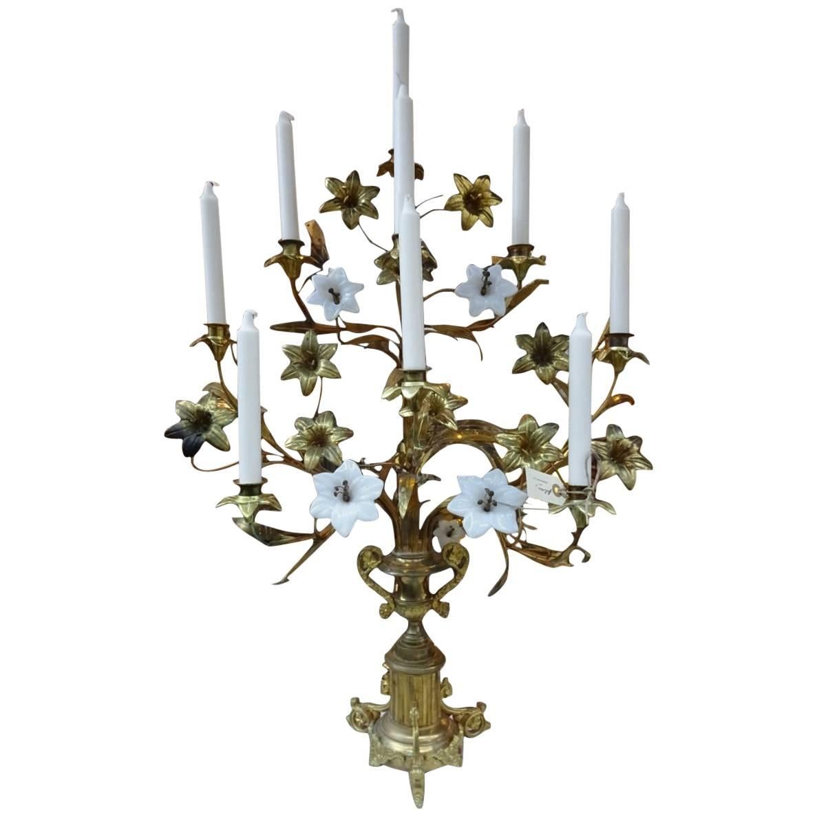 Brass and Opaque Glass Floral French Church Candlestick Candelabra 