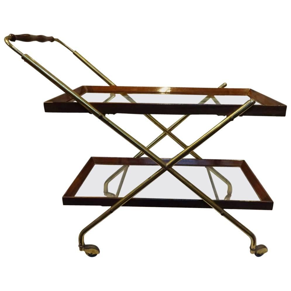 Retro Brass and Wood and Glass Serving Trolley