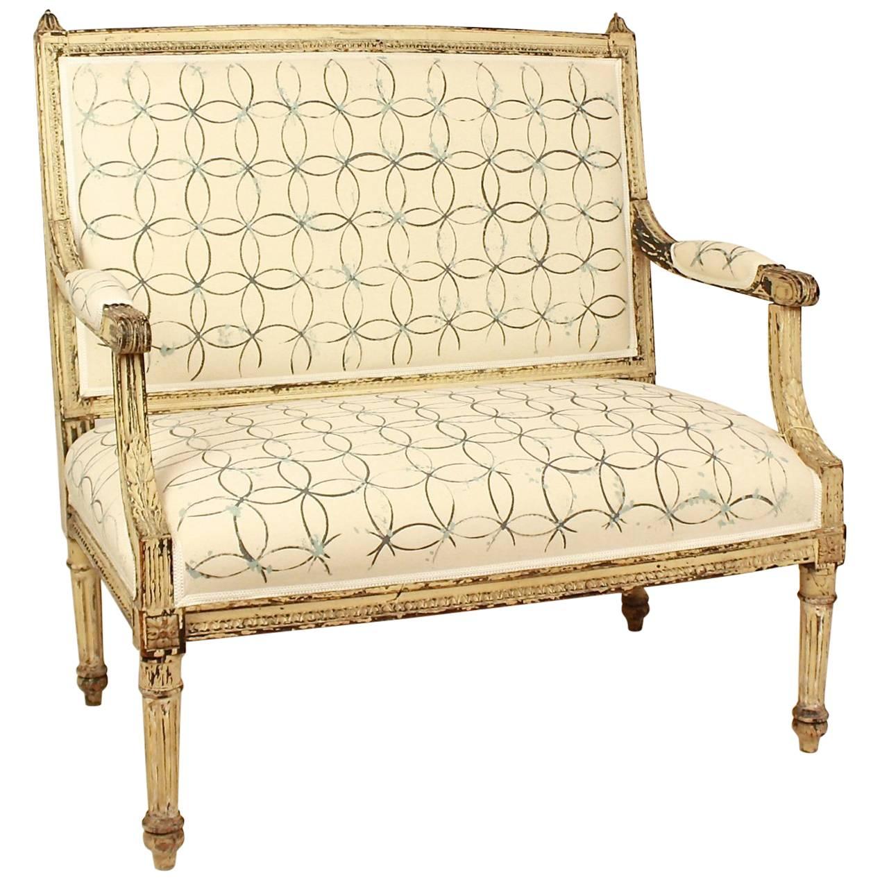Louis XVI Painted Settee Upholstered with Hand-Painted Fabric