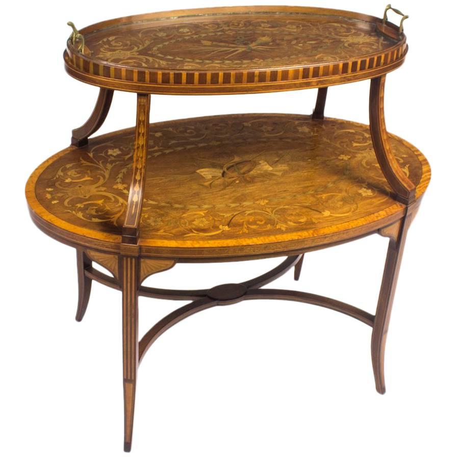 Englischer Mahagoni- und Seidenholz-Etagere-Tabletttisch aus dem 19. Jahrhundert