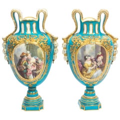 Antique Pair Large French Bleu Celeste Sevres Vases 18th Century