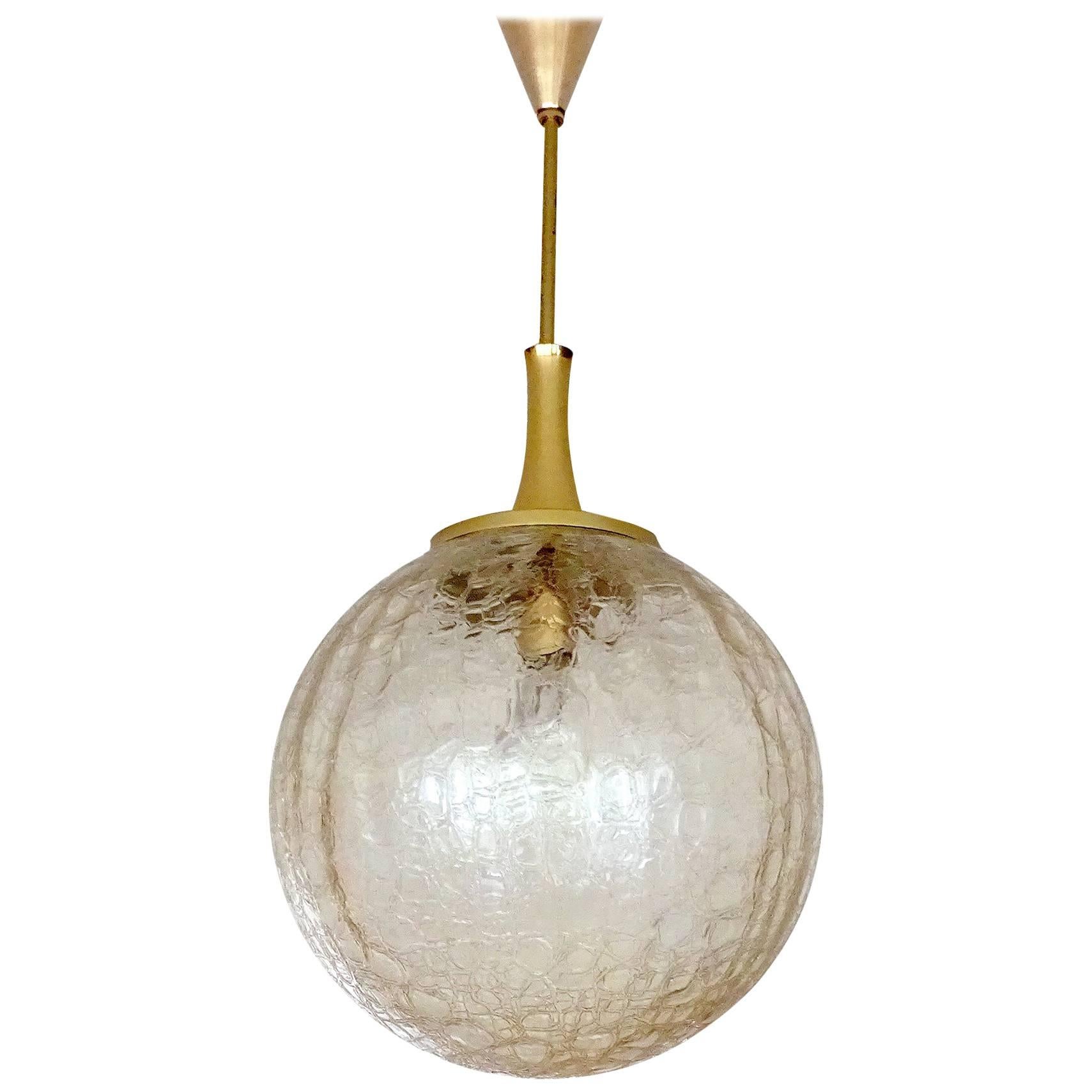  Large MidCentury Doria Glass Globe Brass Chandelier Pendant, Gio Ponti Era For Sale