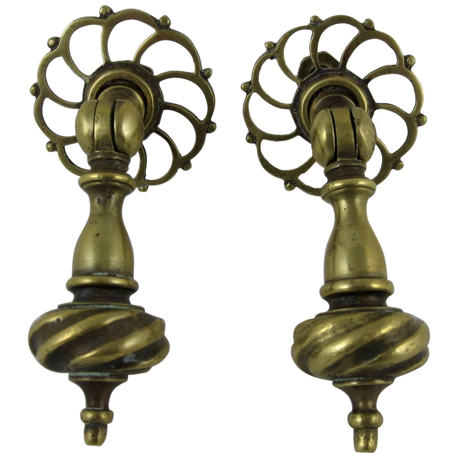 English Brass Hanging Drawer Pulls & Pierced Back Plates, Set of Two