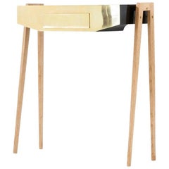 Italian Mid-Century Modern Brass and Oak Wood Console Table 1950s