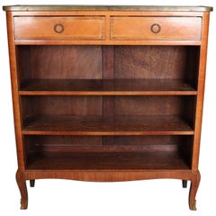 Vintage French Mahogany Banded 2-Drawer Marble Top Open Bookcase, 20th Century