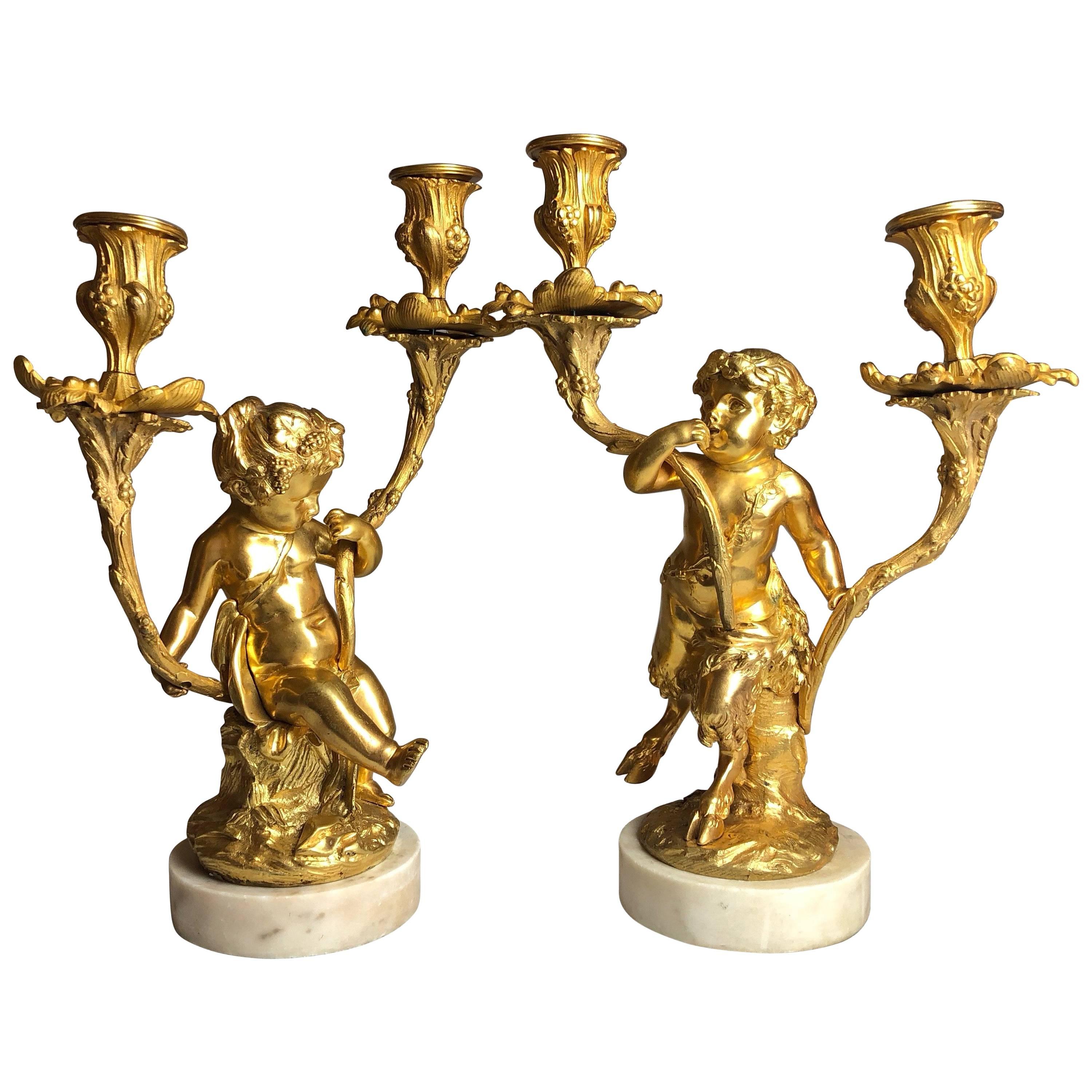 Pair of Gilt Bronze and Marble Candelabra of Cherubs - Putti, French 1860