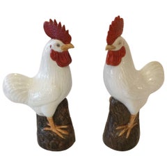 Antique Charming Pair of Chinese Export Porcelain Rooster Sculptures