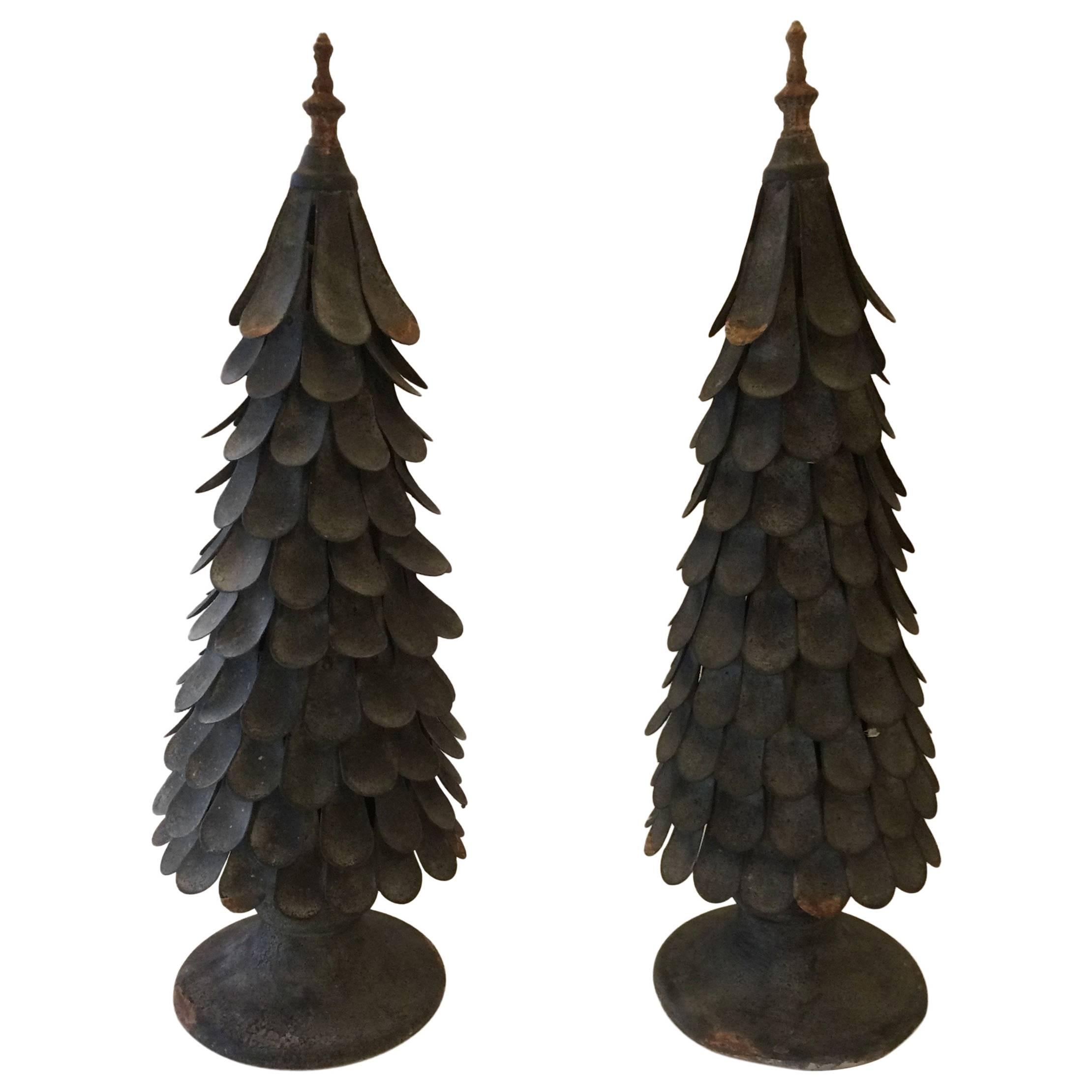 Striking Pair of Hand Forged Iron and Zinc Tree Sculptures
