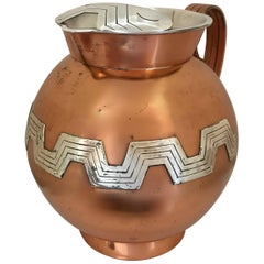Retro Mexican Modernist Taxco Victoria Copper and Sterling Water Pitcher
