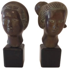 Beautiful Pair of Bronze Asian Polynesian Style Male and Female Busts
