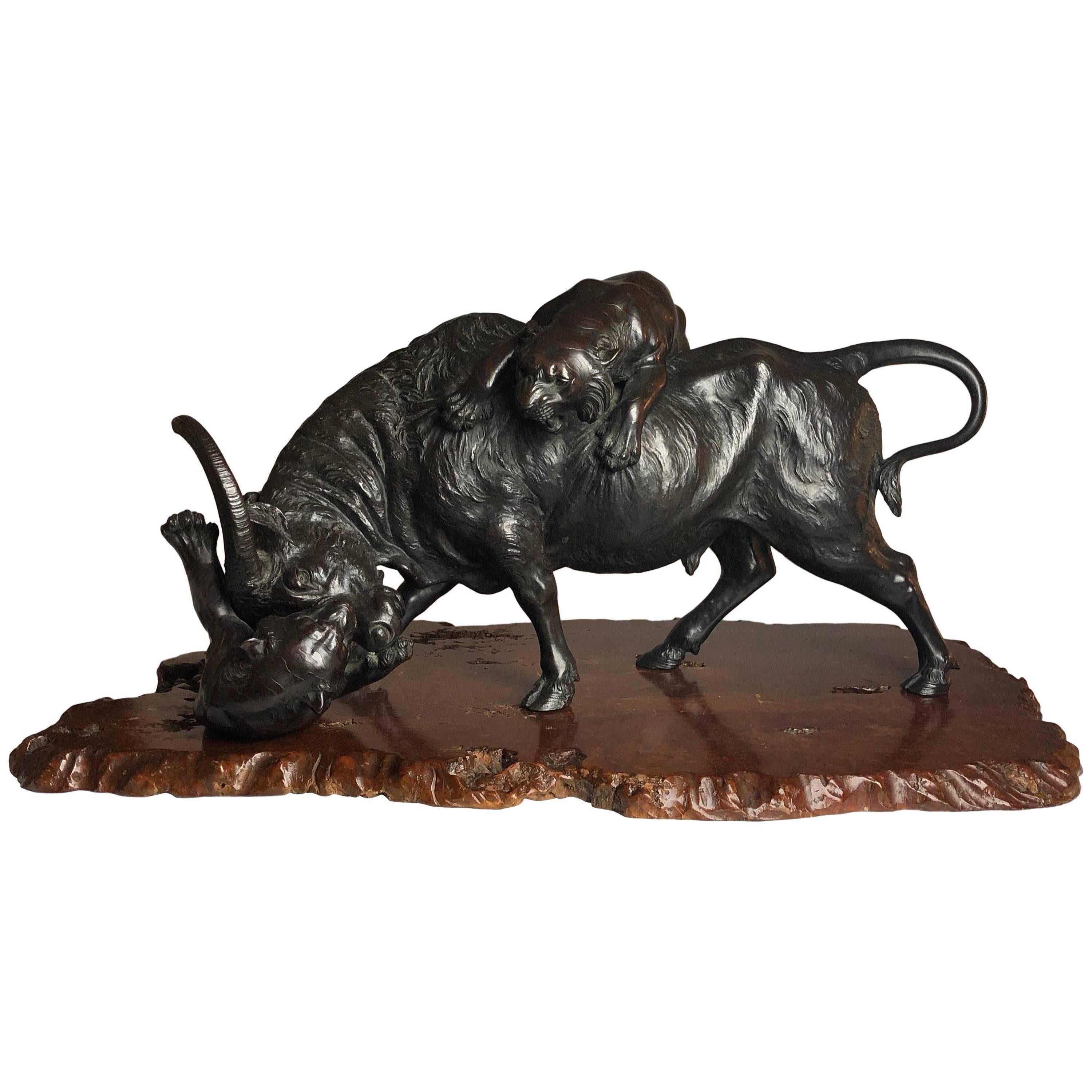 Very Large Meiji Period Japanese Bronze of a Buffalo Being Attacked by Tigers