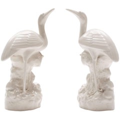 A Pair of White Glazed Stork vases