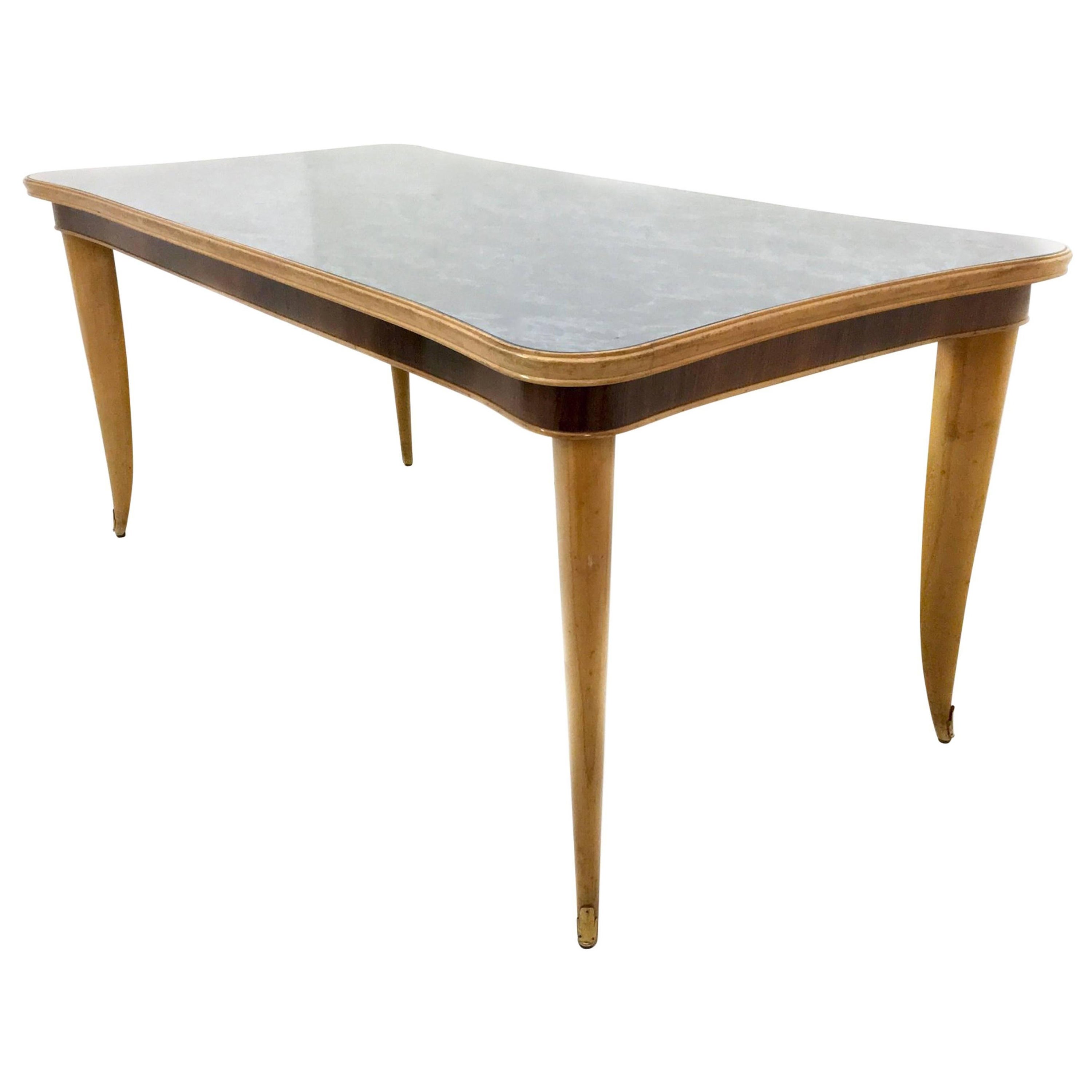 Mesa de comedor vintage de haya y arce con tablero de cristal azul estampado, Italia