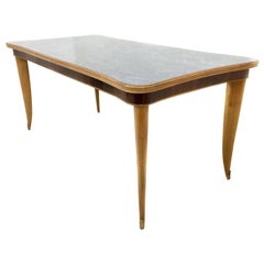 Vintage Beech and Maple Dining Table with a Patterned Blue Glass Top, Italy