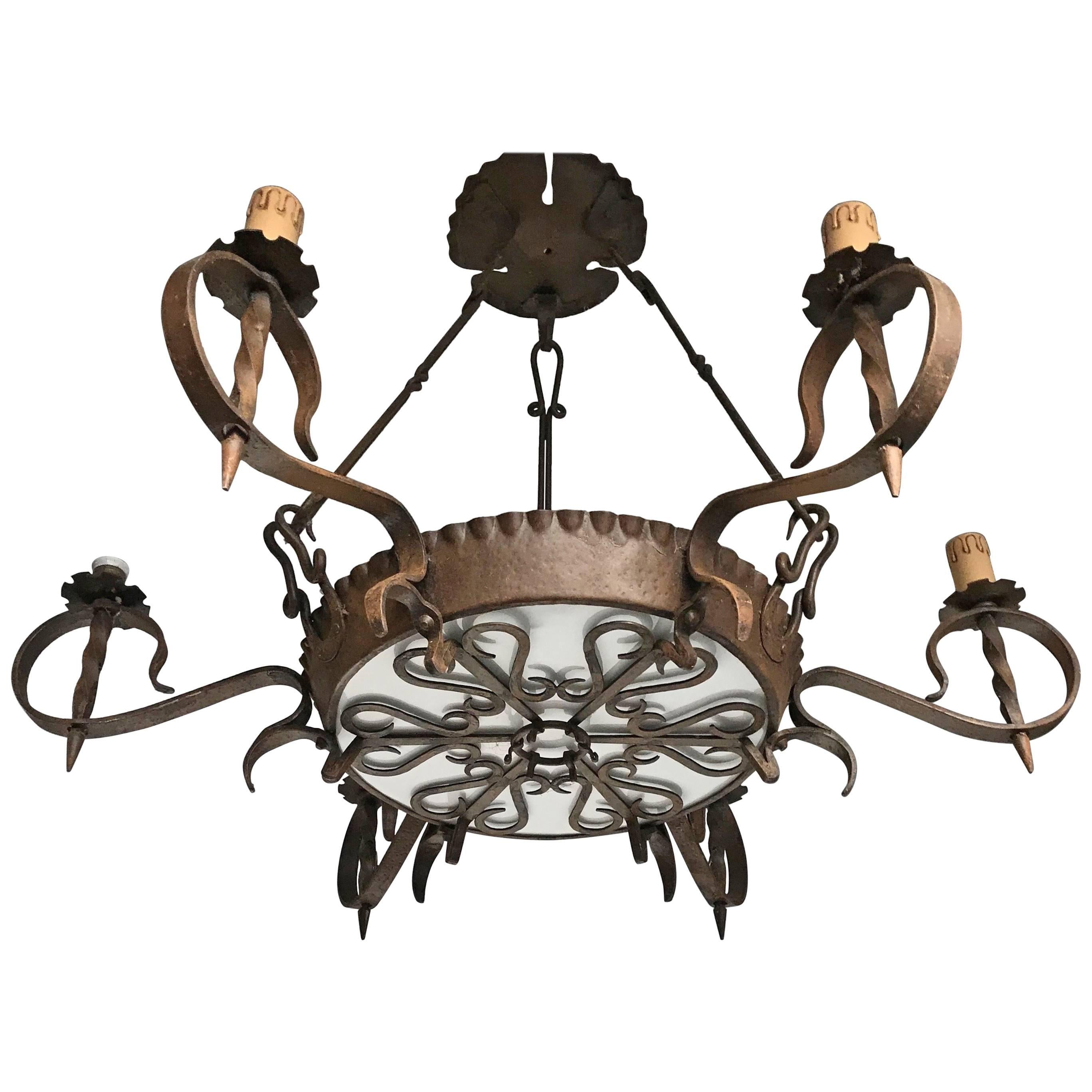 Antique Large Arts and Crafts Wrought Iron Medieval and Castle Style Chandelier