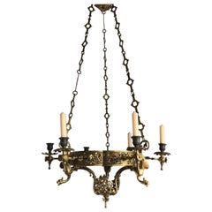 Mid 19th Century Hand Crafted Fine Bronze Gothic Art Candle Chandelier / Pendant