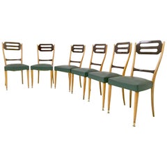 Set of Six Dining Chairs in Maple and Dyed Beech covered in Green Skai, 1950s