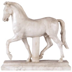 19th Century White Massive Carrara Marble Horse Sculpture
